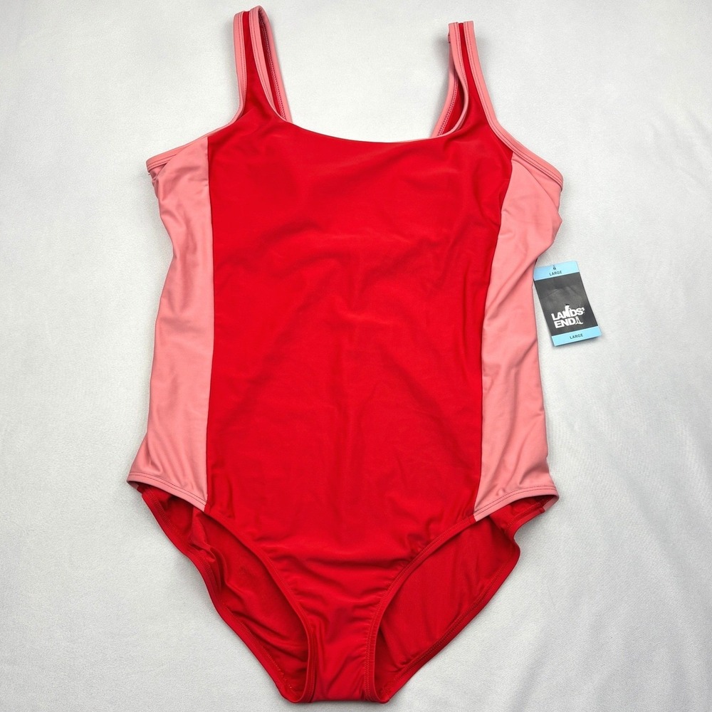 Lands End Swimsuit Womens Large 14 16 Red Pink One Piece Bathing Suit NWT L